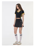 Hot girl top V-neck exposed navel contrasting color splicing clothes women's street short-sleeved T-shirt