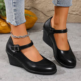 2026 New Ankle Buckle Wedges Heel Pumps Women Black Pu Leather High Heels Mary Jane Shoes Woman Plus Size 42 Office Pumps Ladies