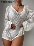 S - XL New V Neck Long Sleeve Crochet Knitted Tunic Beach Cover Up Cover-ups Beach Dress Beach Wear Beachwear Female Women V8284