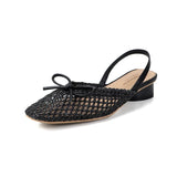 Woven Bow Back Strap Design Sandals Women's Summer New Square Head Shallow Mouth Single Shoe Comfortable Elegant Cool Pumps