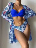 3 Pieces Push Up Bikinis 2026 Women With Kimono Beach Printed Swimsuit Sexy Swimwear Female Bathers Bathing Swimming Swim Suit