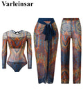 S - XXL 3PCS New Printed Long Sleeve With Pants Sarong Women Swimwear One Piece Swimsuit Female Bather Bathing Suit Swim V7180