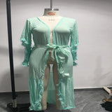 See-through Women Bath Party Dress Mesh Fluffy Sleeve Pleated Lace-up Bow Waist Wedding Night Honeymoon Bathrobe Nightdress