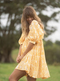 Foridol Lantern Half Sleeve Cyan Bohemian Beach Midi Loose Dress Summer for Women Tie Up Casual Floral Holiday Midi Vestidos