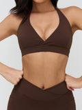 Naked Sports Bras Women Solid Coffee Cross V-neck Shock-absorbing Yoga Suit Gym Fitness Running Workout Crop Top