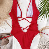 Sexy Red Swimsuit Micro String Bikini Hollow Out Backless Monokini Women One-Piece Vacation Swimwears Bikinis Beach Bathing Suit