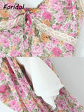Lace Decoration Pink Floral Maxi Long Sundress Women's Dress 2025 Spaghetti Strap V Neck Smocked Boho Straight Boho Dress
