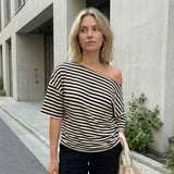 Women Elegant Summer Off One Shoulder Tops Striped Short Sleeve Loose Fit Basic T Shirts for Daily Wear