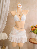 Vintage White Floral Embroidery Bikini Set 2026 Women 3D Flower Push Up Bra Pleate Skirt 3 Piece Swimsuit Bathing Suit Swimwear
