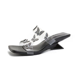 High Heeled Sandals Women Summer New Pearl Butterfly Square Toe Straight Strap Sandals, Fashionable Outerwear Plus Size Slippers