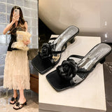 Women Sandals Flower Decor Low Heels Sandals Elegant Point Toe Pumps Fashion Ankle Strap High Heels shoes women slides women