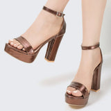 Gold Size35-42 Sandals Women's Thick Heel Square Head Buckle Waterproof Table Open Toe Hollow Word with High Heel Sandals