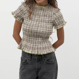 Women Casual Summer Plaid Print Shirred Tops Slim Mock Neck Short Sleeve Crop Ruffle T-shirts Streetwear