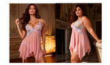 Pink Mesh Print Lace Sleep Dress for Women See Through Midi Nightgown with Panties Plus Size S-4XL