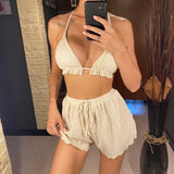 Ruffled Firlled Halter Bikini Women Swimwear Female Swimsuit Three-Pieces Bikini Set With Shorts Bather Bathing Suit Swim V5673
