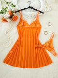 Vibrant Orange Lace Netting Sleep Skirt Set - French Deep V Straps Transparent Sexy Sleep Pantie Two-Piece Set ZA825096