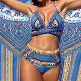 2026 Summer Women's 3 Pieces Swimsuit Crochet Bikini Set+Cover-Up Long Shawl Sun-proof Twist Swimwear Push Up High Waist Bikinis