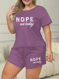 Plus Size 3XL 4XL 5XL Casual Loungewear Letters Print Pajamas Set Women's Short Sleeve Tee And Elastic Shorts Homewear