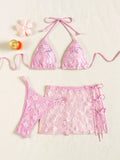 S - XL Mesh Skirt 3D Flowers Sequins Bikini Female Swimsuit Women Swimwear Three-pieces Bikini Set Bathing Suit Swim Beachwear