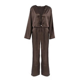 Women Silk Satin Pajama Set Deep V Neck Long Sleeve Lace Trim Tie Front Top Pants Soft Loungewear Elegant Home Sleepwear Night
