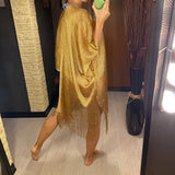 Sexy Fringe Tassel Mesh Sheer Shiny Knitted Tunic Beach Cover Up Cover-ups Beach Dress Beach Wear Beachwear Female Women V3321