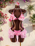 Vintage Blue 3D Floral Bikinis Sets Women Mesh Ruffle Skirt 3 Piece Swimsuit 2026 Sexy Push Up Bra Bathing Suit Holiday Swimwear