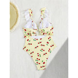 S - XL Cherry Printed Plaid Cut Out One Piece Swimsuit Women Swimwear Female Frilled High Leg Cut Bather Bathing Suit Swim V7557
