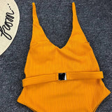 V Neck Ribbed High Cut Women Swimwear One Piece Swimsuit Female Backless Monokini with Waist Belt Bathing Suit Swim Beachwear