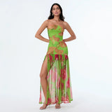 Women’s Tube Top Dress Bohemian Printed Strapless Mesh High Slit Long Dress Summer Evening Party Beach Sexy Club Dresses Summer