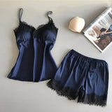 Two PCS New Summer Women's V-Neck Sexy Lace Pajama Set Women's Sexy Lace Suspender Top and Shorts Casual Home Pajamas