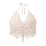 Boho Crochet Halter Top for Women Summer Beach Knit Crop Top with Tassels Backless Sleeveless Bralette