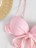 Women solid tie bow push up bikini sets three pieces with wrinkled ruffles mini skirt swimsuit bathing suit beach outfits
