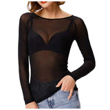 Sexy Women T Shirt See Through Mesh Black Long Sleeve Tees Sheer Slim Fit O Neck Tulle Crop Top Y2k T-Shirt Transparent Clubwear