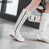 NASBAVI Fashion Women Flats Knee High Summer Boots Peep Toe Square Heels Fretwork Party Shoes Retro Rome Sexy Ladies Footwear