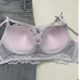 Japanese Lace Bra Set, Heart Pendant Purple Lingerie Sexy & Pure Small Chest Push Up Bralette, Fashion Outerwear Design Enhancer