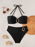 S - XL Metal Rings Halter Female Swimsuit High Waist Bikini Women Swimwear Two-pieces Bikini set Bather Bathing Suit Swim Lady