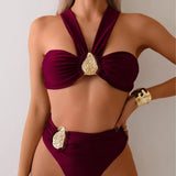 Sexy Brown Women's Swimsuit Halter Metal Water Droplet Push Up Two Piece Bikini Set 2025 Bathing Suit Pleate High Waist Swimwear