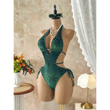 XS - L Deep V Neck Leopard Halter Women Swimwear Cut Out Wrap Around Bather Bathing Suit Swim One Piece Swimsuit Female K8077