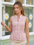 2026 Summer Women's Retro Lace Tops Elegant Mandarin Collar Chinese Frog Buttons Peplum Sleeveless Vest Blouses