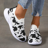 Plus Size 43 Printed Knitted Flats Shoes Women 2026 Breathable Mesh Soft Sole Sneakers Woman Comfy Non Slip Casual Sport Shoes