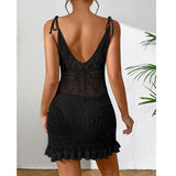 DEKA Style Knitting Multicolor Slip Dress Fashion Hollow Out Short Dress Women's Beach Holiday Bikini Cover Up Fishnet Crochet S