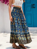 Women's Loose Long Skirt Bohemian Print Elastic Waist Ruffle Flowy Pleated Skirts Summer Beach Party Streetwear