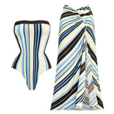 Striped 3Pcs Bandeau One Piece Swimsuit Sexy Bikini Women Push Up Swimwear High Cut Swimming Suit Female Bathingsuit Beachwear