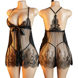 Summer Women Underwear Set Lace And Mesh Flower Babydoll Dress Woman See Through Nightdress V-neck Open Bra Sleep Skirt Nighties