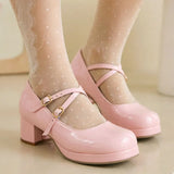 Big Size 30-48 Sweet Lolita Pink Mary Jane Shoes Women Round Toe Cross-Straps Platform White Block Heel Cute Dress Pumps