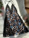 Women Leopard Print Lace Nightgown V Neck Cami Sleepwear Adjustable Spaghetti Strap Side Slit Lounge Dress