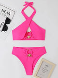 2026 Halter Bikini Solid Metal Link Swimsuit Women Hollow Out Swimwear Female Bathers Bathing Swimming Swim Suit Beachwear
