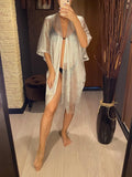 Sexy Fringe Tassel Mesh Sheer Shiny Knitted Tunic Beach Cover Up Cover-ups Beach Dress Beach Wear Beachwear Female Women V3321