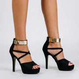 Women's Sexy Peep Toe Platform 12cm High Heel Sandals with Gold Metal Classic Ankle Strap Crisscross Stiletto Heel Party Shoes