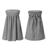 Women Tube Top Mini Dress Off Shoulder Strapless Plaid Bandeau Dress Summer Casual Boho Daily Dresses Streetwear